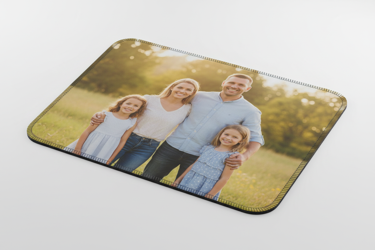 custom printed full color mouse pads with family photo another with automotive design annd one with a fire fighter design