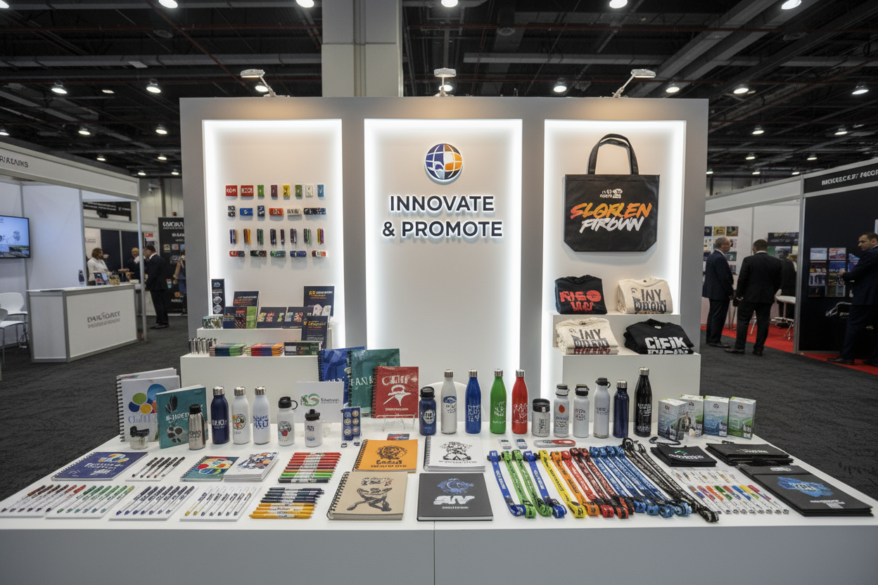 custom printed promotional products displayes with a tradeshow theme