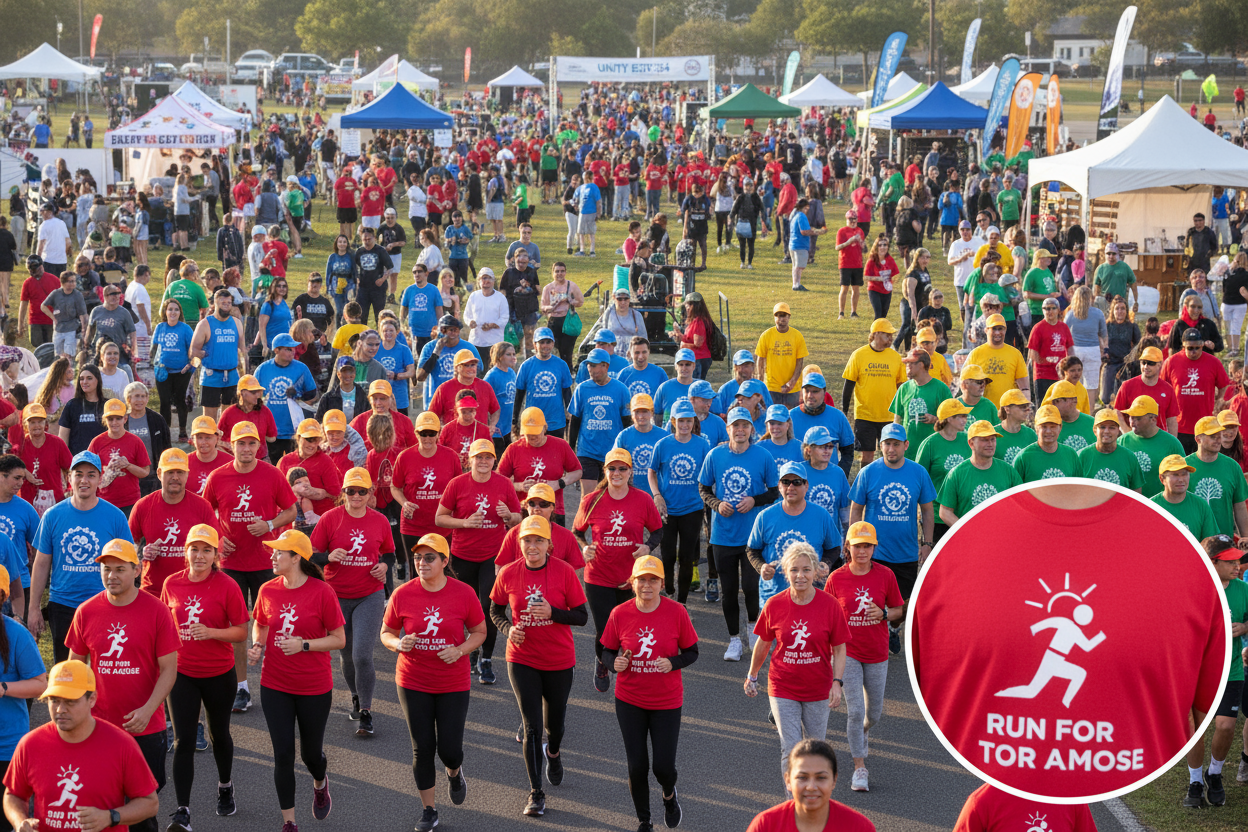fundraisers, teams and special events, shirts hats, shown for a large group event