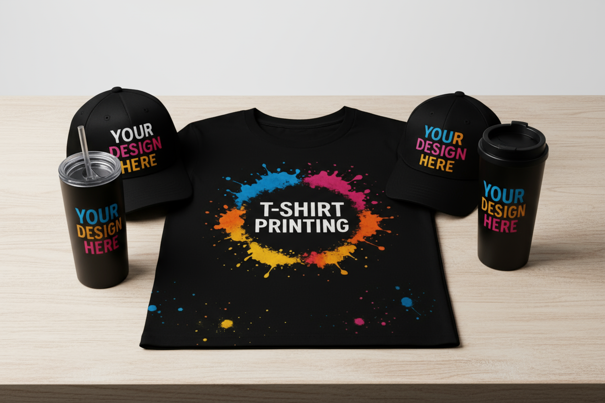t shirt printing with hats and tumblers on a dark table with splashes of ink