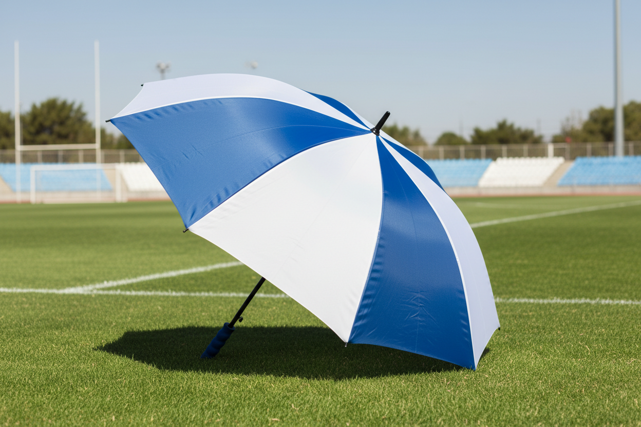 blue and white golf umbrella with sportwfield in the backround