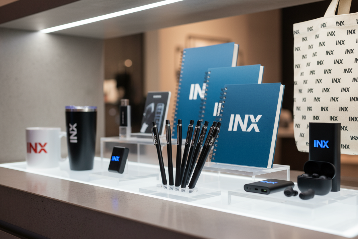 close up display of promotional products with INX on them