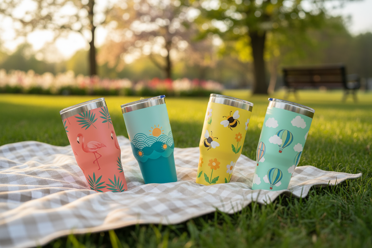 colorful custom printed tumblers in a set of 4 in a park