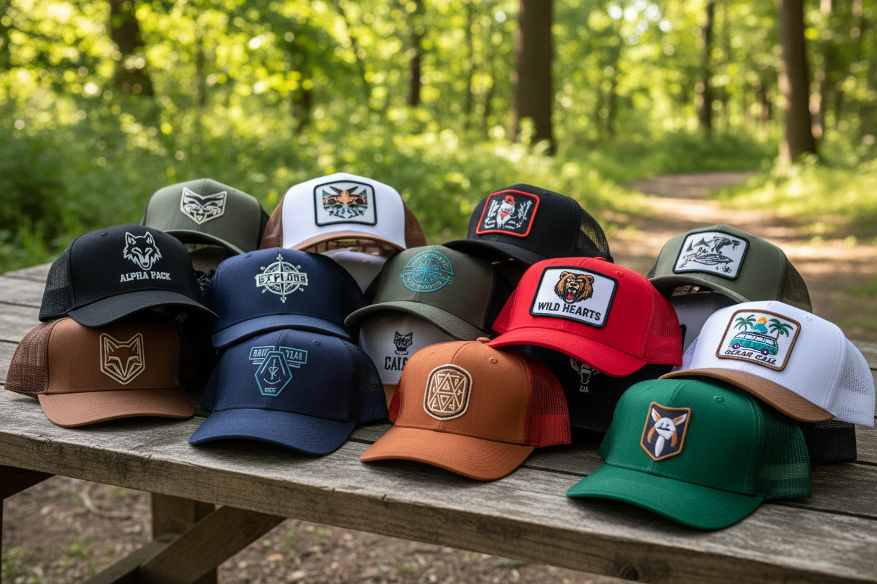 custom printed caps and trucker hats with various logos on a table outside