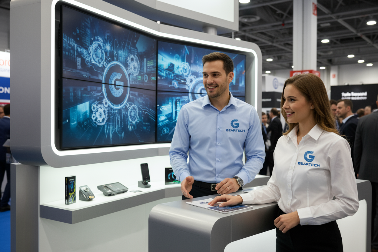 custom printed logo dress shirts with male and female at a trade show