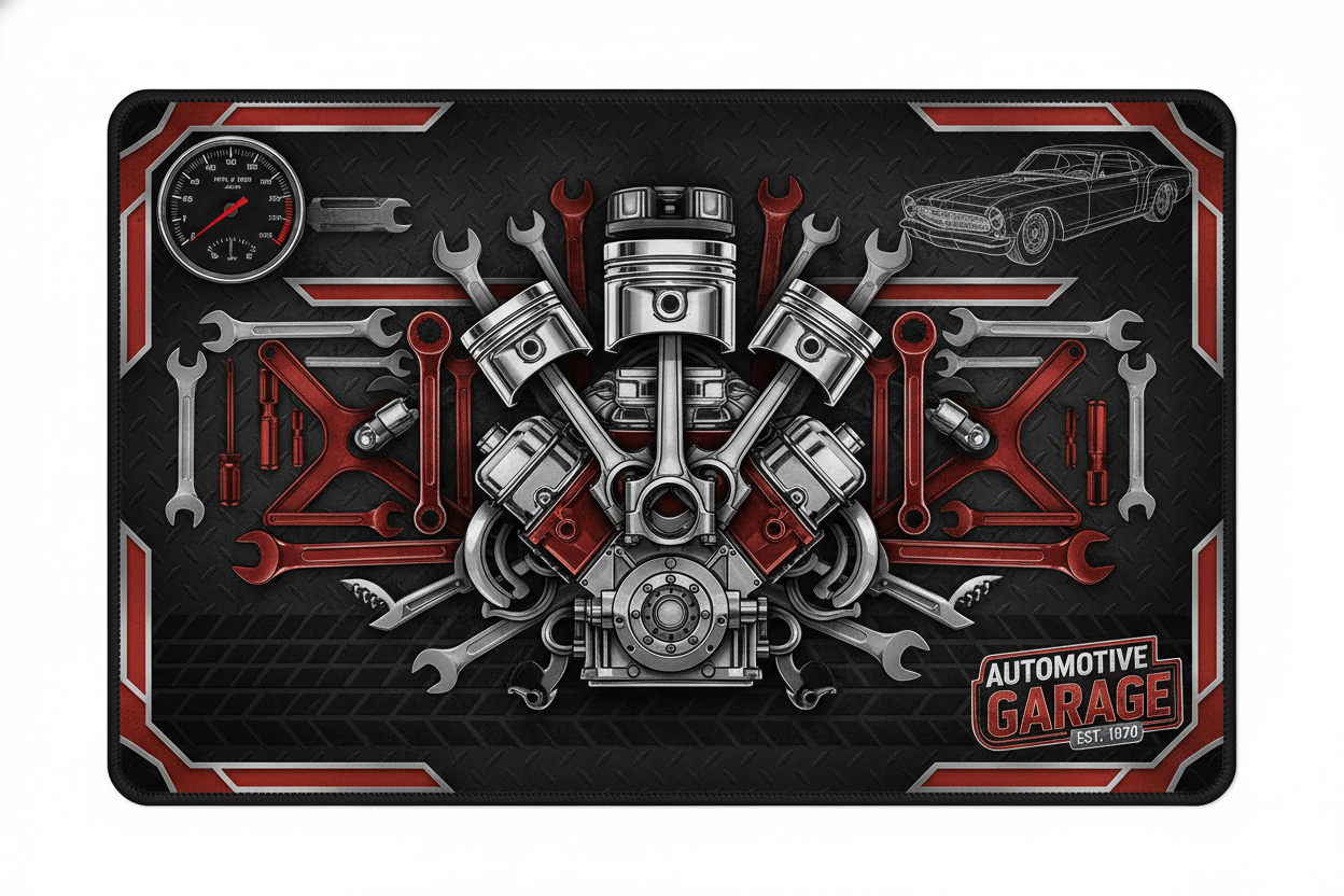 mouse pad with automotive shop design
